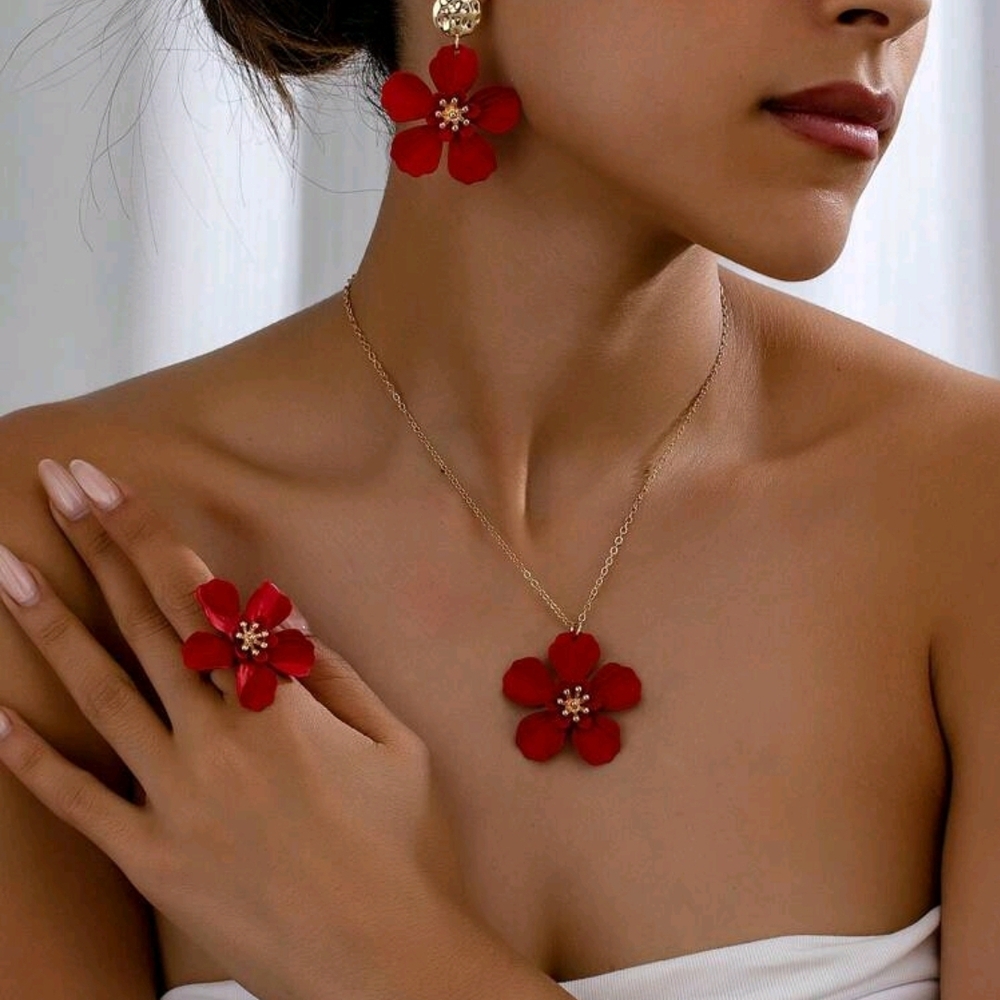 Elegant Red Flower Jewelry Set